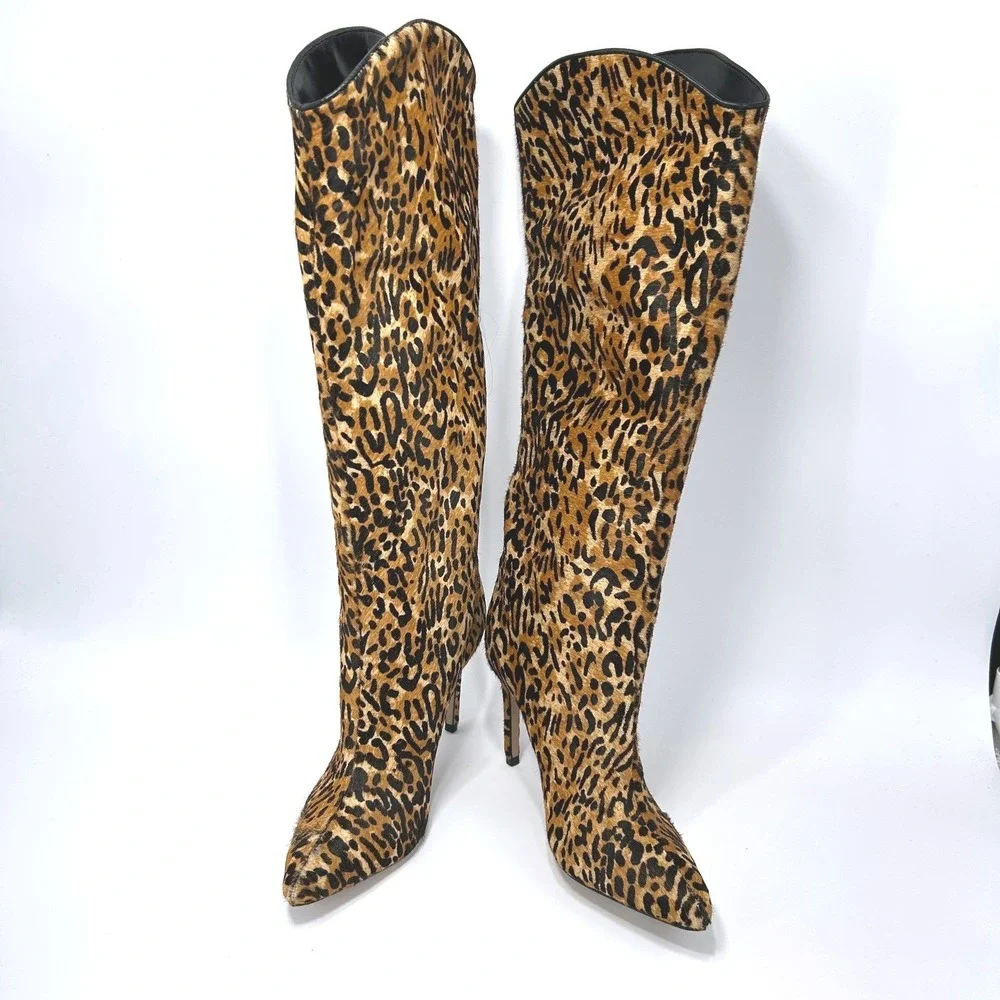 Schutz Size 5.5 Leopard‎ Print Knee High Boots NEW Calf Hair Stiletto Heels $338